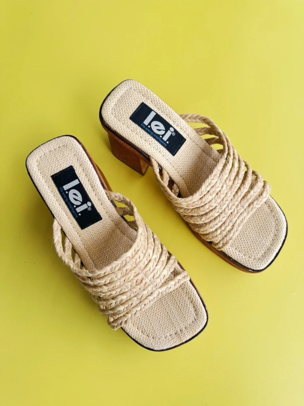 Sz 7 Vtg Y2K L.E.I. Raffia Braided Chunky Block Platform Sandals Boho Glam EUC